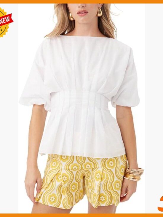 Tops - White Cotton Peplum Top with Puff Sleeves, Regular Fit